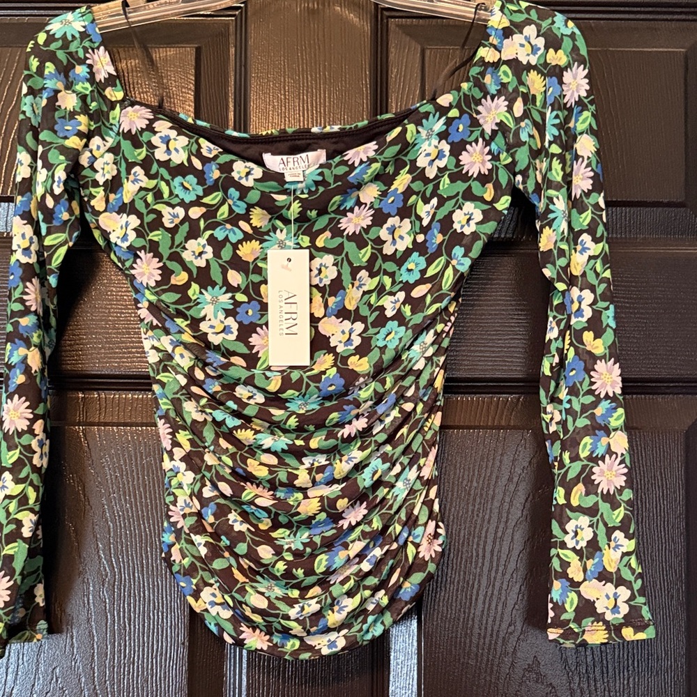 AFRM Black Floral Ruched Long-Sleeve Scoop Neck Top